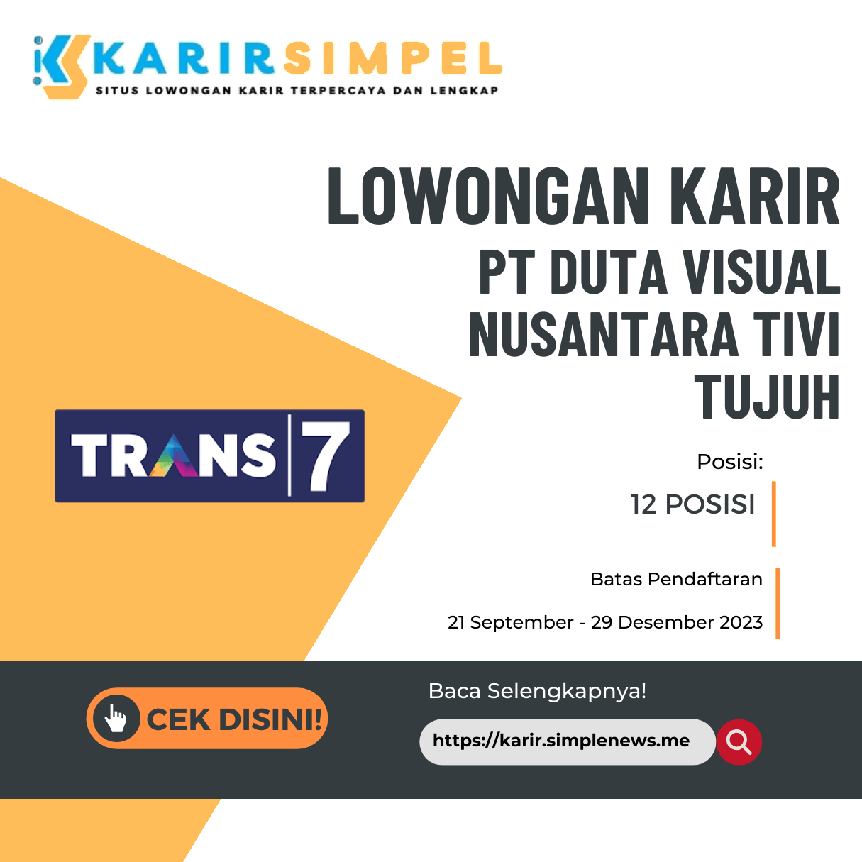 Lowongan karir Trans 7 Bulan Oktober 2023