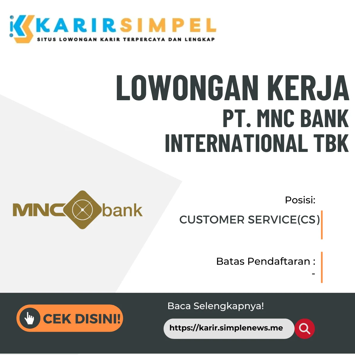 Lowongan Kerja CUSTOMER SERVICE(CS) PT MNC Bank International Tbk Terbaru