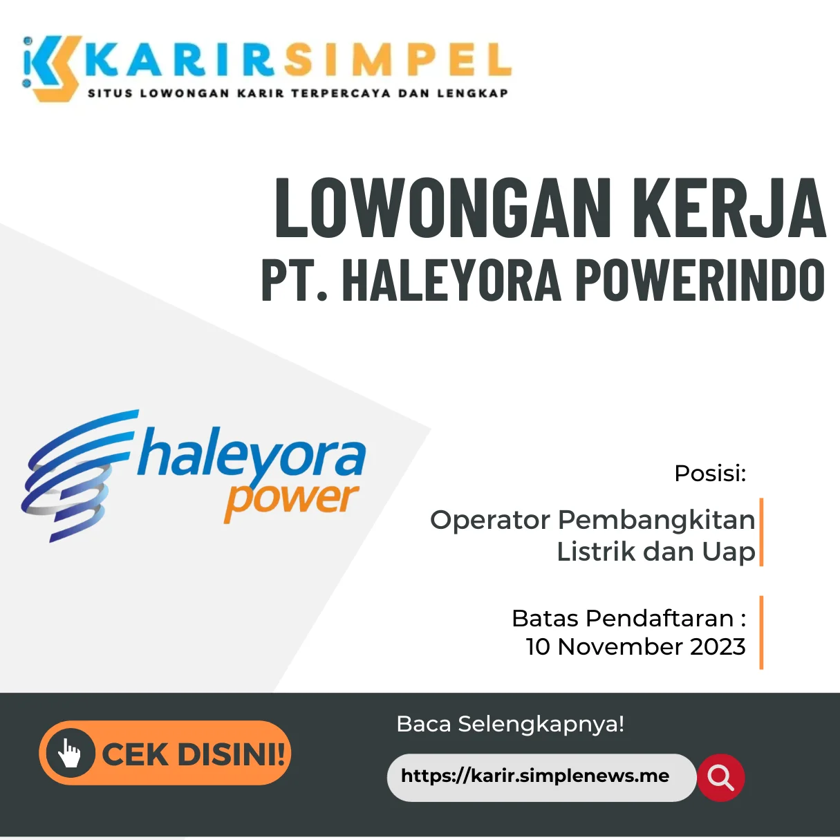 Lowongan Kerja Operator Pembangkitan Listrik dan Uap PT. Haleyora Powerindo Terbaru