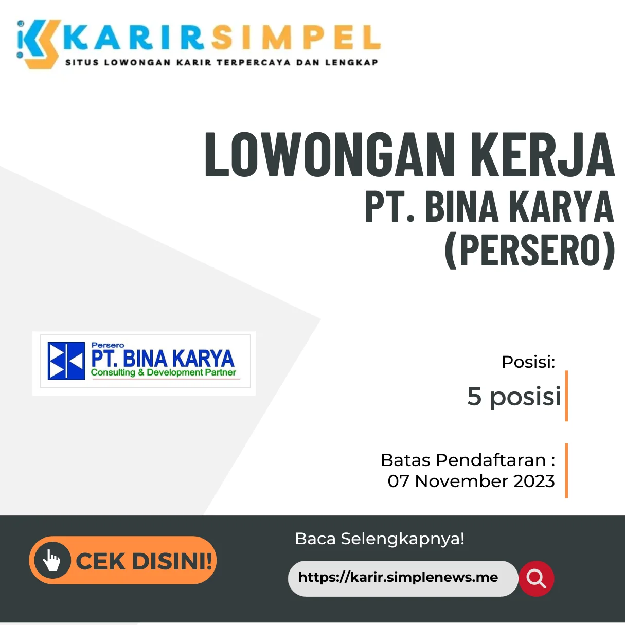 Lowongan Kerja PT. Bina Karya (Persero) Terbaru 2023