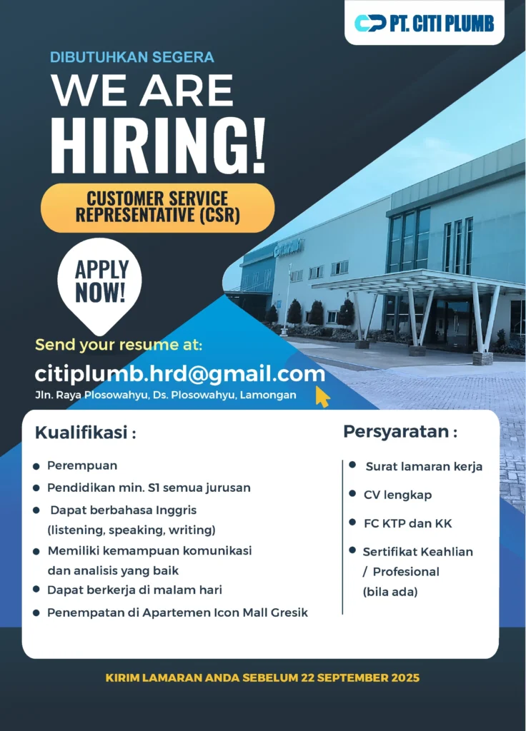 LOKER PT. CITI PLUMB | Dinas Tenaga Kerja Kabupaten Lamongan
