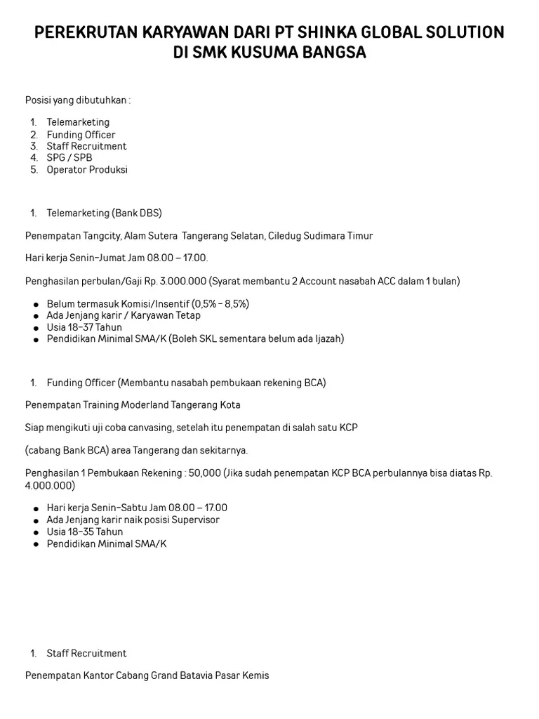 Gaji Karyawan PT Shinka Global Solutions Semua Posisi Terbaru – Panduan Lengkap 2024 2 Lowongan Kerja di PT Shinka Global Solution | PDF | Karier & Perkembangan