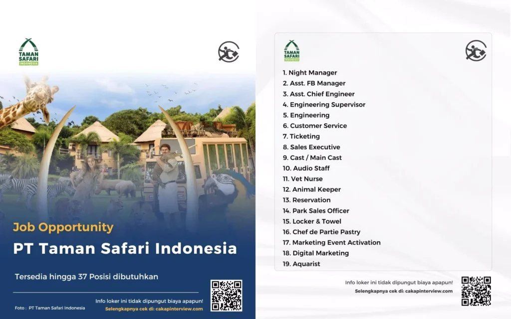 Gaji KaryawanPT Taman Safari Indonesia Semua Posisi Terbaru – Panduan Lengkap 2024 3 Lowongan Kerja di PT Taman Safari Indonesia Membuka Banyak Peluang