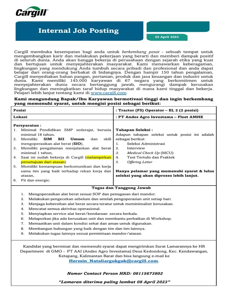 Lowongan Operator Traktor di Cargill | PDF | Karier & Perkembangan | Bisnis