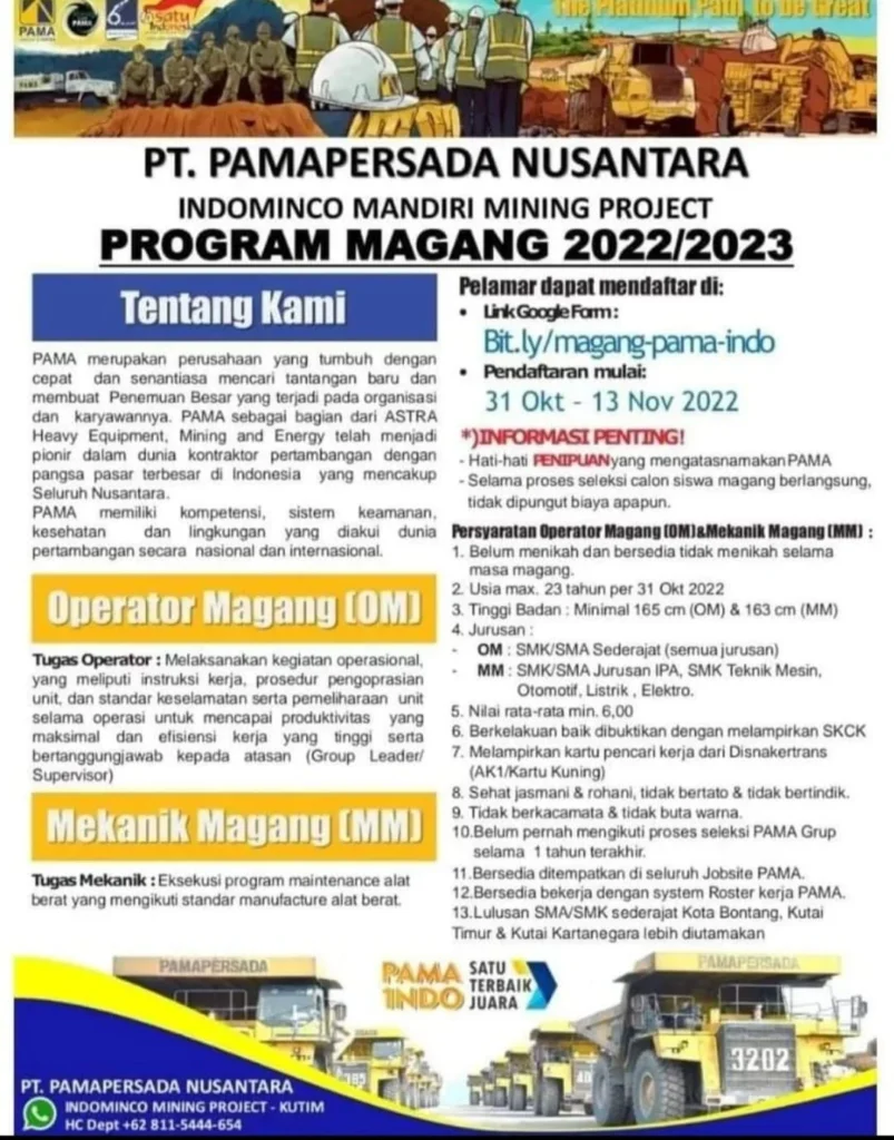 Pendaftaran Magang PT Pamapersada Nusantara (PAMA) Operator dan Mekanik