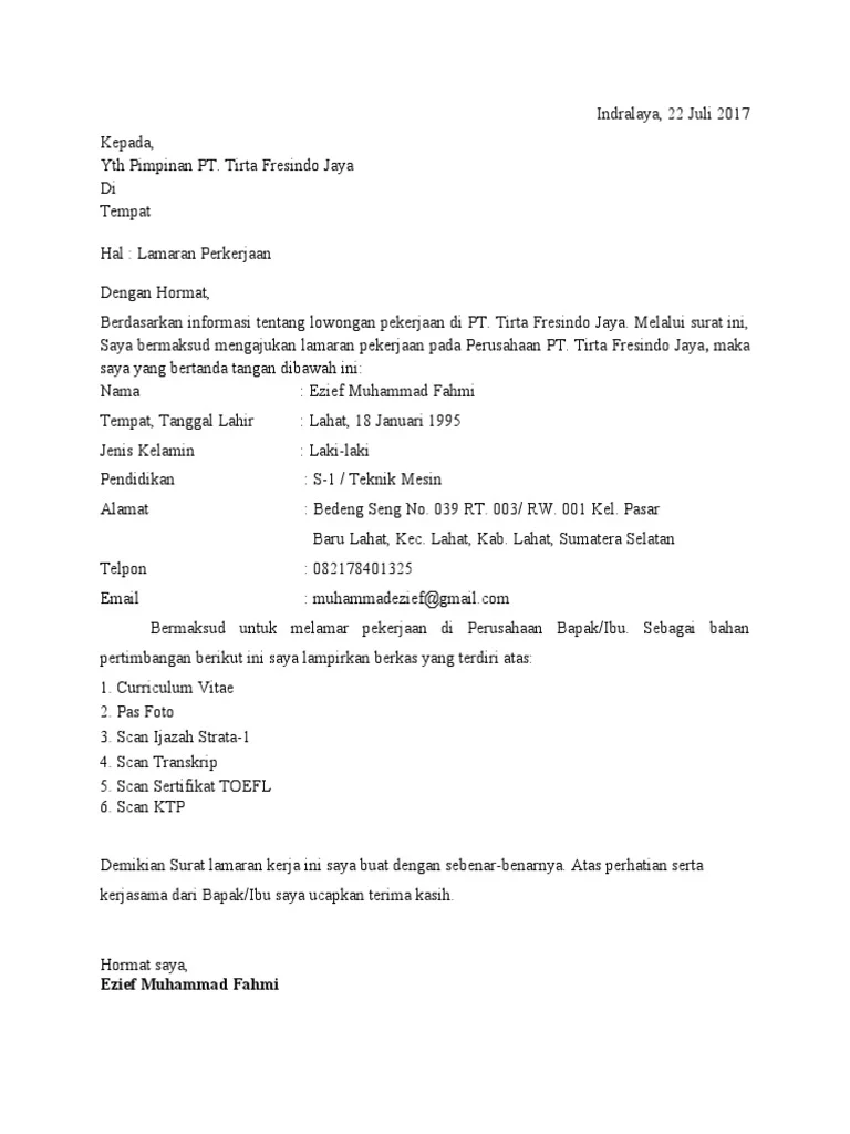 Surat Lamaran PT. Tirta Fresindo Jaya | PDF | Karier & Perkembangan | Hukum